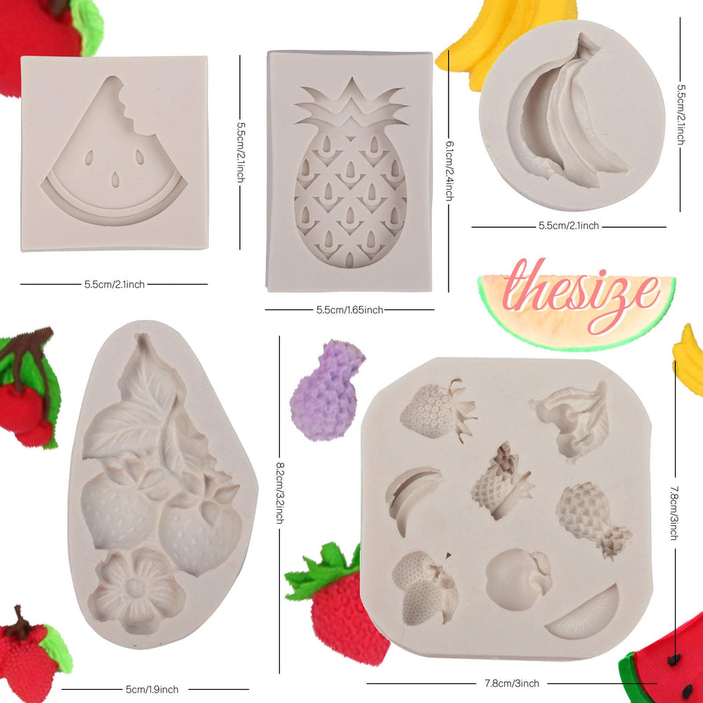 5 Pack Fruit Shaped Silicone Fondant Mold Handmade Candy Jelly Bakeware Pineapple Banana Watermelon Strawberry Chocolate Mould 3D Summer Fruit Ice Mold for Soap Cake Cupcake Topper Decoration