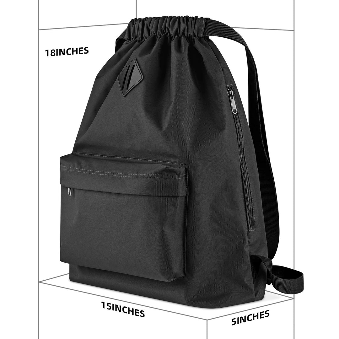 Drawstring Backpack Water Resistant String Bag Cinch Bag Sports Gym Sack with Side Pocket for Men Women - Black