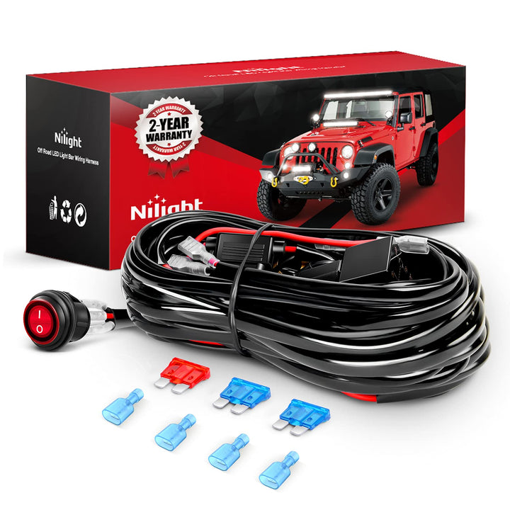 - NI -WA 06 LED Light Bar Wiring Harness Kit - 2 Leads 12V On Off Switch Power Relay Blade Fuse for Off Road Lights Work Light, 2 Years Warranty,Black