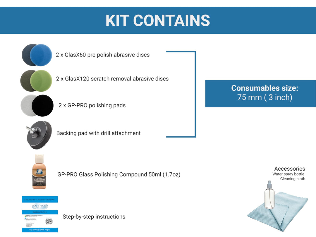 (3'') Glass Scratch Removal Kit for use with a Drill on All Glass Surfaces