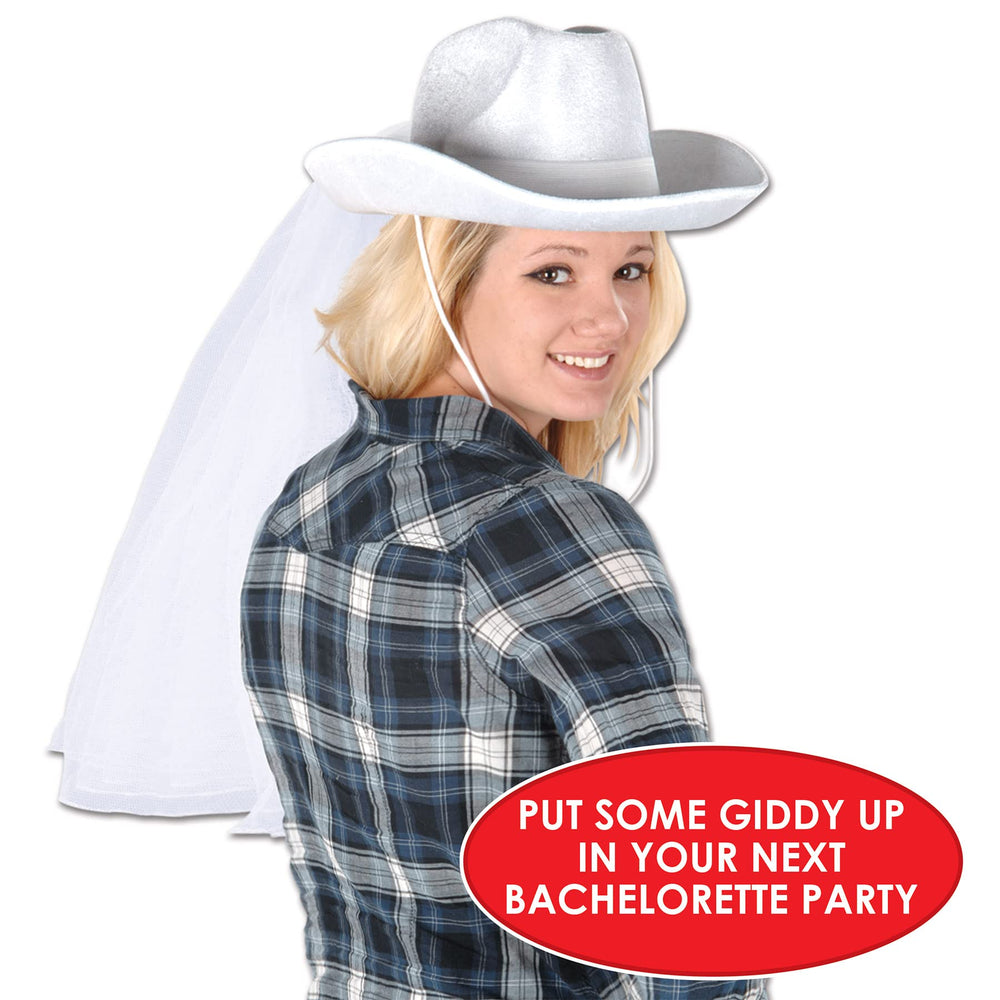 Western Bride’s Cowboy Hat & Veil – One Size Fits Most, Adjustable Chin Strap, Bachelorette Outfit for Bride, Bachelorette Veil for Bride, Novelty Bridal Shower Hat