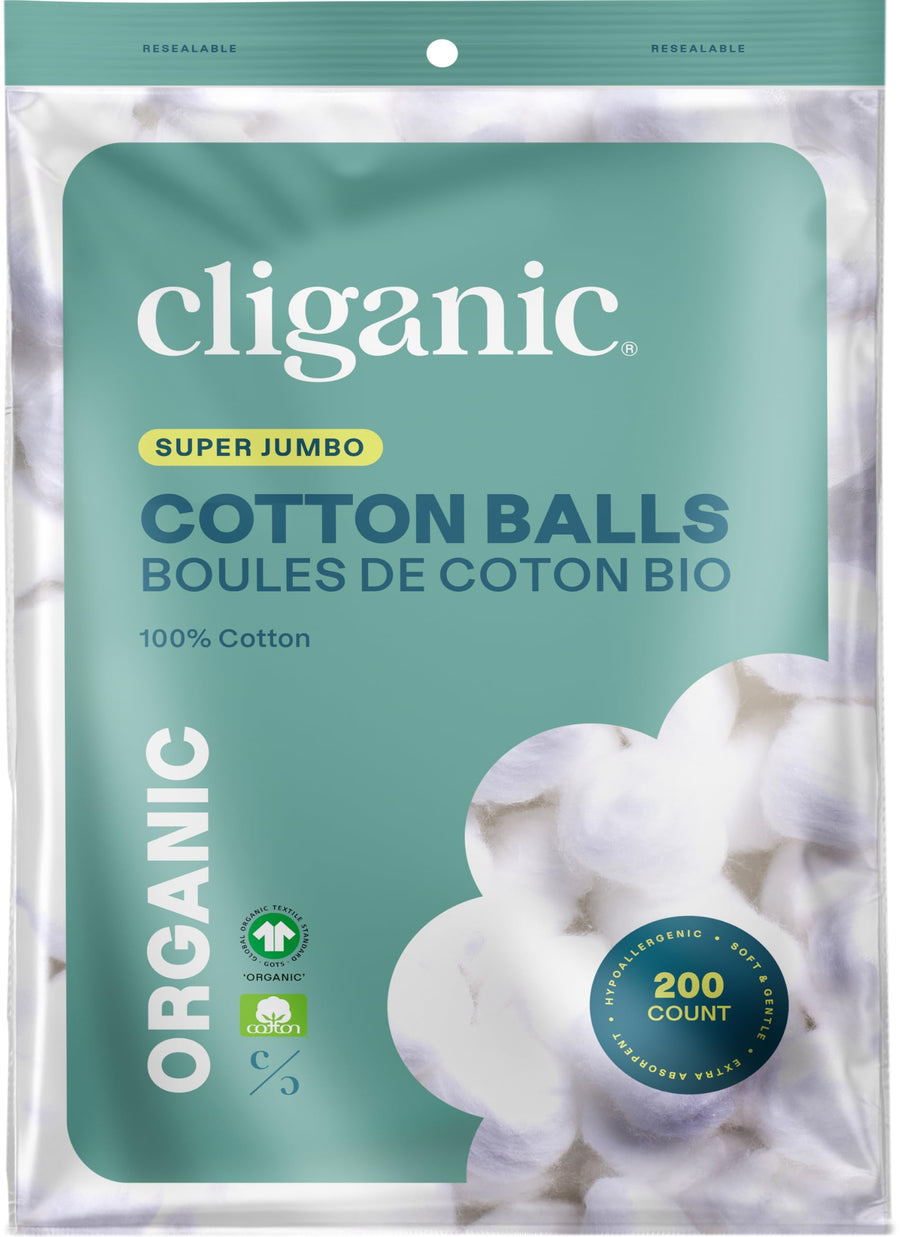 Organic Super Jumbo Cotton Balls (200 Count) - Hypoallergenic, Absorbent, Large Size, 100% Pure (Packaging May Vary)