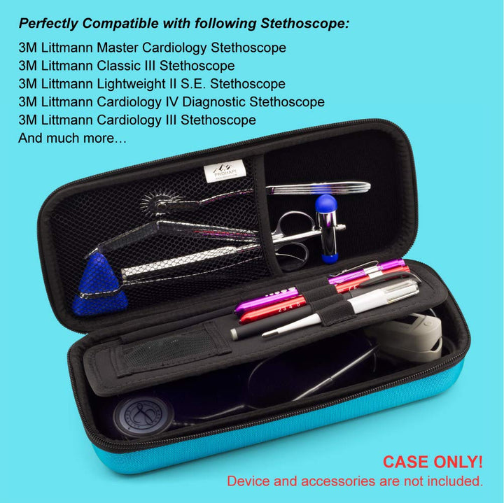 Hard Stethoscope Case, Large Stethoscope Carrying Case with ID Slot, Compatible with 3M Littmann/ADC/Omron/MDF Stethoscope Includes Mesh Pocket for Nurse Accessories (Turquoise)