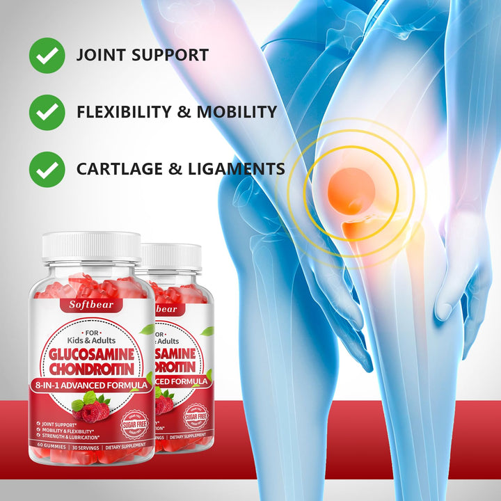 Glucosamine Chondroitin Gummies Sugar Free, Extra Strength Glucosamine Chondroitin Supplement for Natural Joint Support, Raspberry Flavored 60 Count