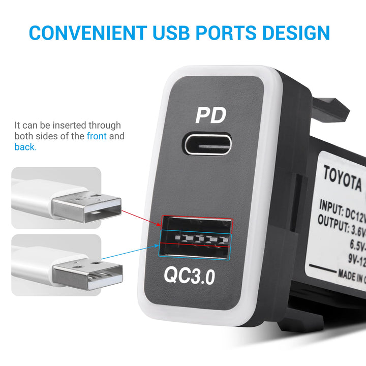 12V/24V USB Type C Car Charger Replacement for Toyota, Dual USB Ports QC3.0 & PD Type C Car Power Socket Compatible with iPhone iPad PDA Laptop GPS (1.3''×0.9'')