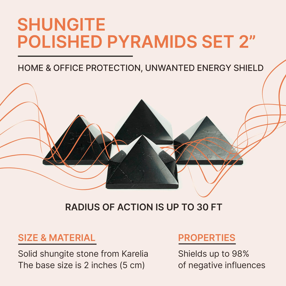Shungite Stones Pyramids 2 inches (5 cm) Protection Set 4 pcs | Wholesale Black Polished Solid Stone Pyramids | Home Office Room Whole House Protection | Meditation, Chakra Healing, Grounding S042