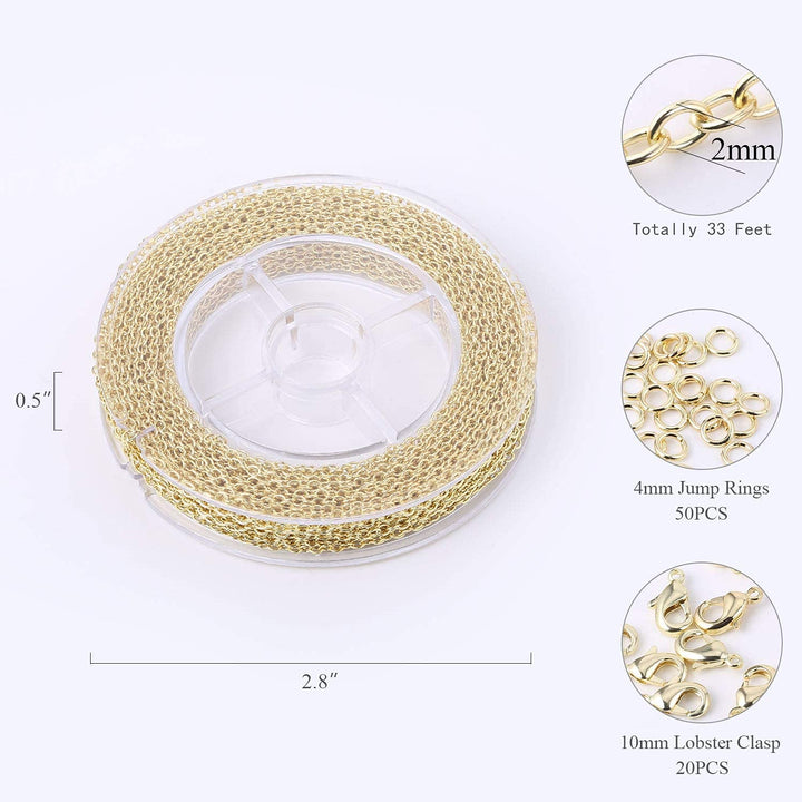 Gold Chain for Jewelry Making, 33 FT Dainty Cable Link Chain Spool for Necklaces Making Clasp Jump Ring Included