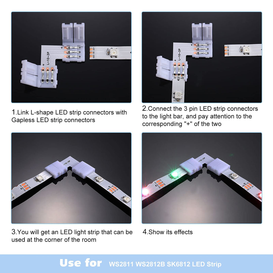 48 Pieces 3 Pin 10 mm LED Strip Connector Kit Includes Gapless Connector L Shape LED Light Corner Connector X Shape and T Shaped LED Adapter Connector for WS2811 WS2812B SK6812 No Soldering LED Strip