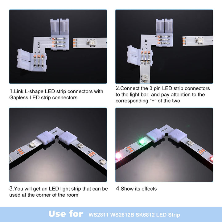 48 Pieces 3 Pin 10 mm LED Strip Connector Kit Includes Gapless Connector L Shape LED Light Corner Connector X Shape and T Shaped LED Adapter Connector for WS2811 WS2812B SK6812 No Soldering LED Strip