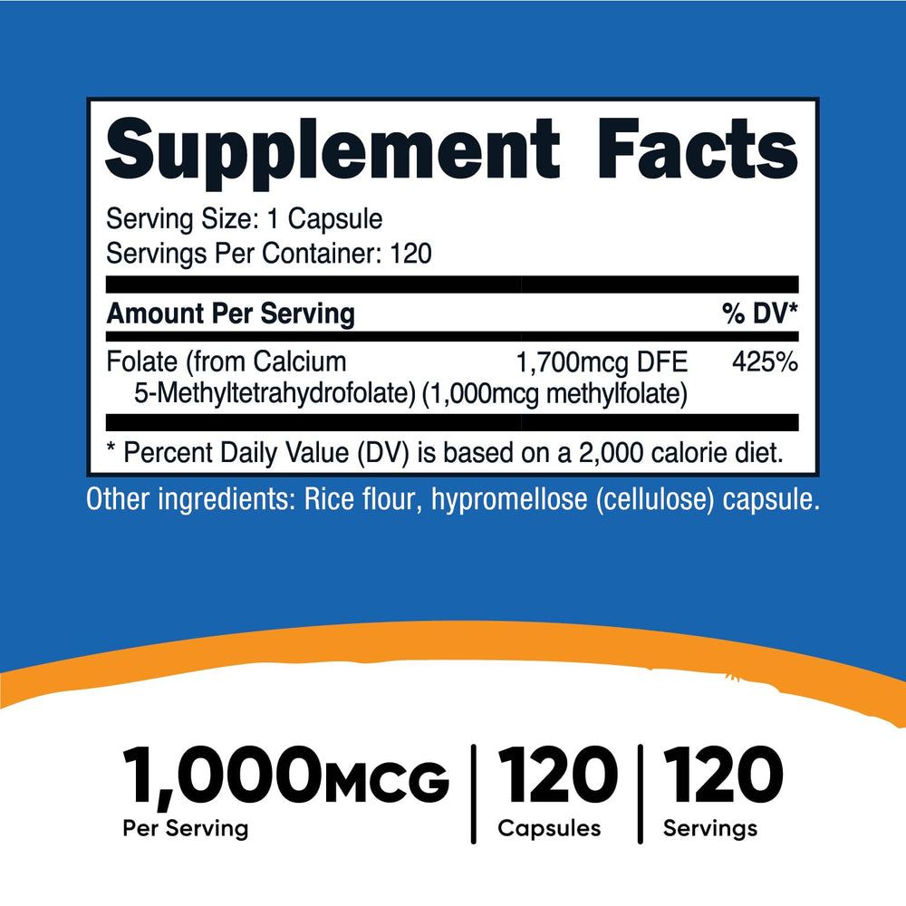 Methylfolate 1000mcg, 120 Vegetarian Capsules - Gluten Free, Non-GMO