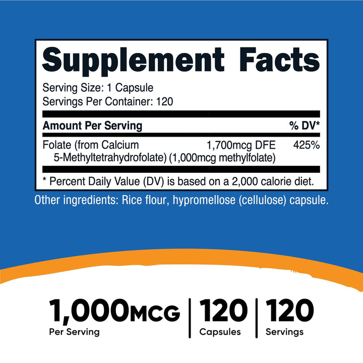 Methylfolate 1000mcg, 120 Vegetarian Capsules - Gluten Free, Non-GMO