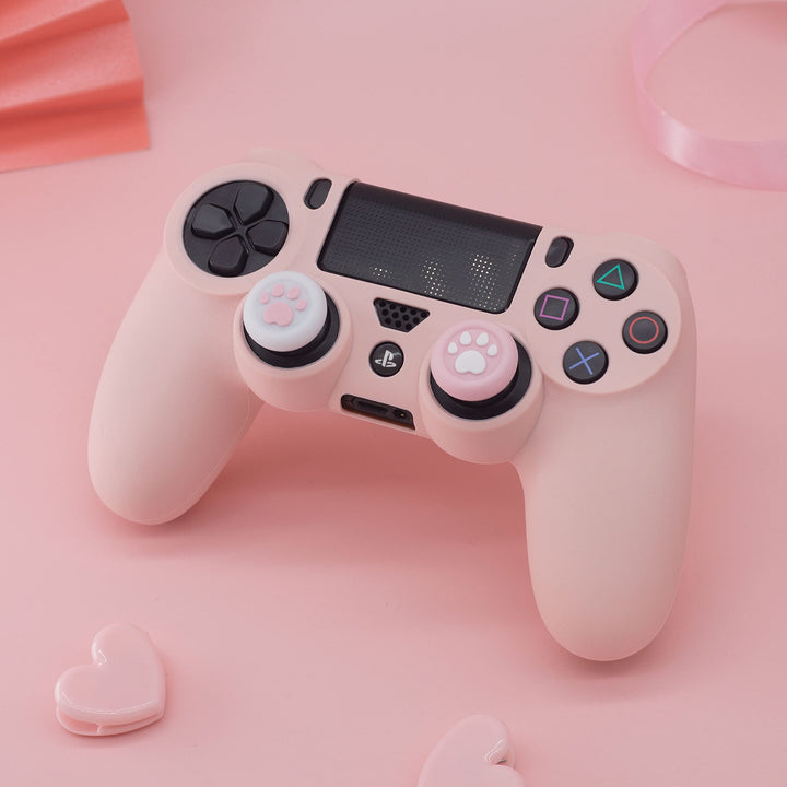 Controller Skin for PS4, Anti-Slip Grip Silicone Cover Protector Case Compatible with PlayStation 4 Slim/PS4 Pro Wireless/Wired Gamepad Controller with 2 Cat Paw Thumb Grip Caps (Sakura Pink)