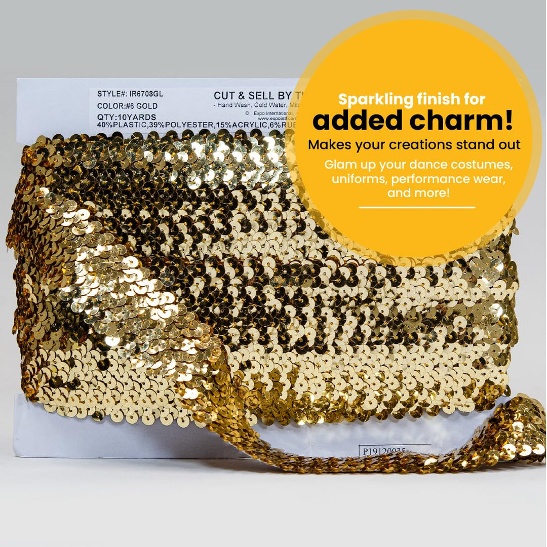 Trims By The Yard 4-Row Metallic Stretch Sequin Trim, 1 1/2-Inch Versatile Sequins for Crafts, Durable Sequin Trim for Costumes, Fashion, and Home Decor, 10 Yards Cut, Gold