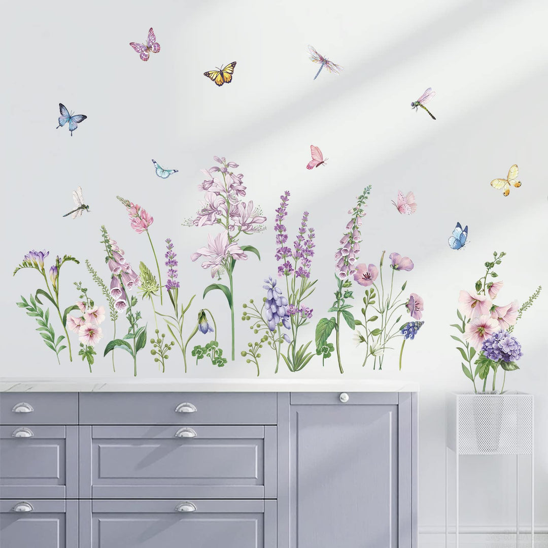 Purple Lavender Flowers Wall Corner Stickers Garden Floral Butterflies Baseboard Skirting Line Wall Decals for Living Room Bedroom (W:57 inches)