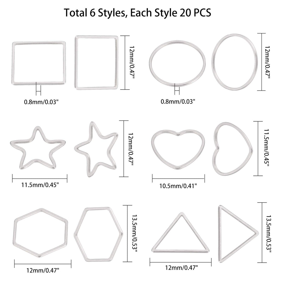 120pcs 6 Styles Stainless Steel Linking Rings Square & Ring & Star & Heart & Hexagon & Triangle Frames Connectors Metal Jewelry Connector Links for Women Jewelry Making
