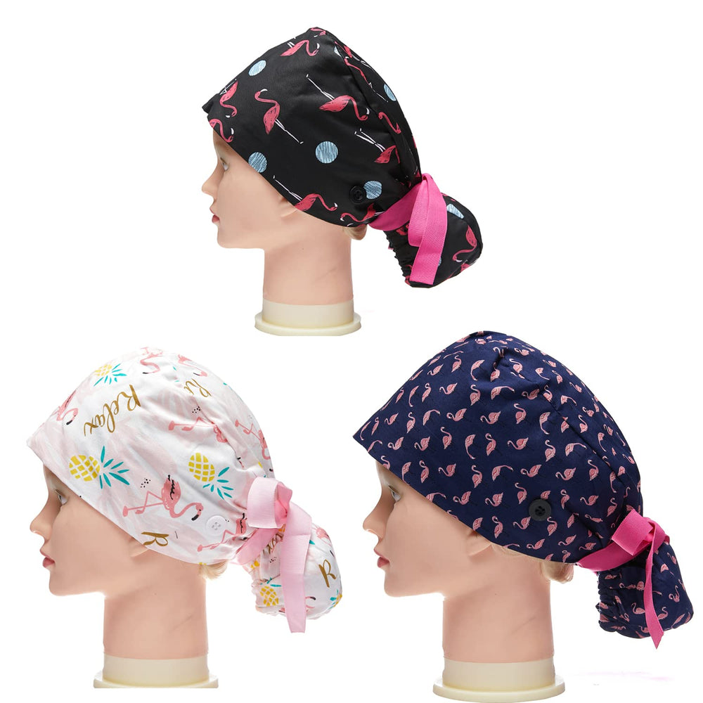 Scrub Cap Long Hair Ponytail Nursing Buttons Chemo Hats Cancer Headwear Head Scarfs Nurse Hat for Women Working Cap with Sweatband Head Cover