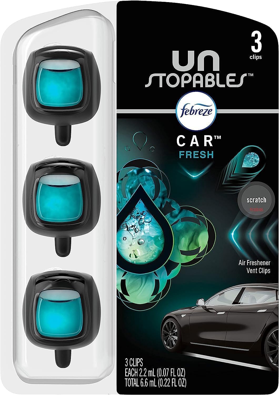 Febreze Unstopables Car Air Freshener, Odor Eliminator for Strong Odors, Vent Clip Fresh, .07 Fl Oz., 3 Count