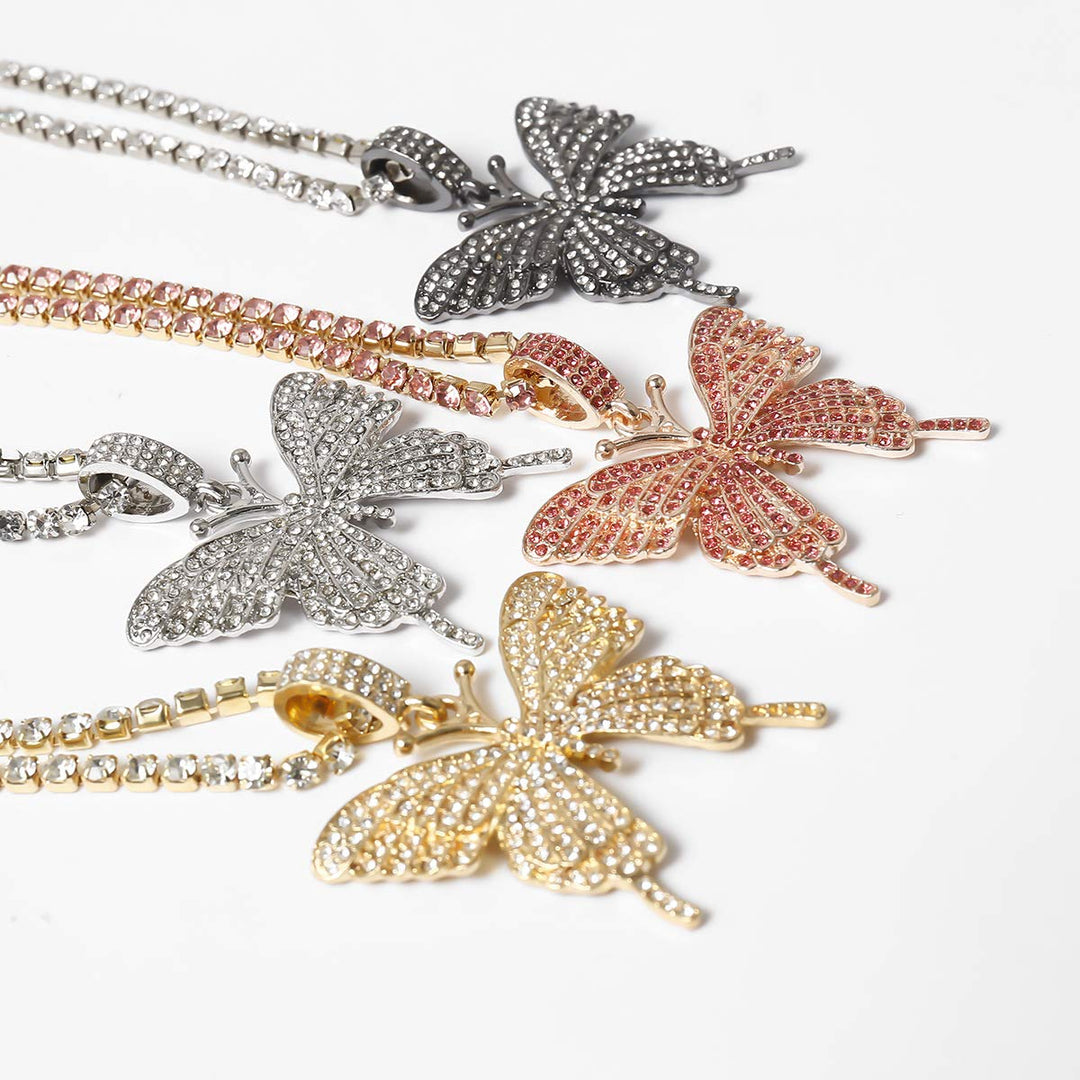 Bohemian Crystal Butterfly Choker Necklace Claw Chain Collar Necklace with Diamond-studded Butterfly Pendant Boho Prom Party Festival Jewelry for Women and Girls (Pink)