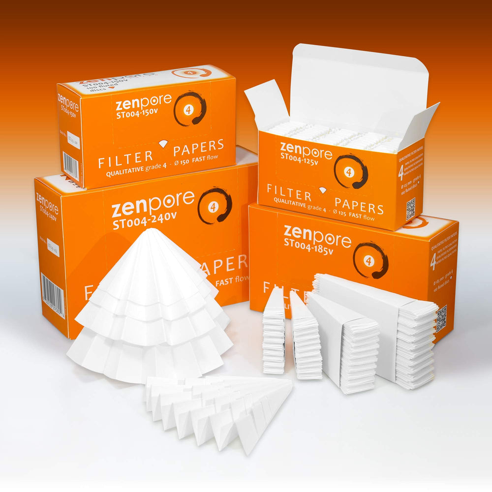 15 cm Fluted Filter Paper, Pre-Pleated (Folded), Qualitative Grade 4 - ZENPORE Fast Flow 150 mm (100 Discs)