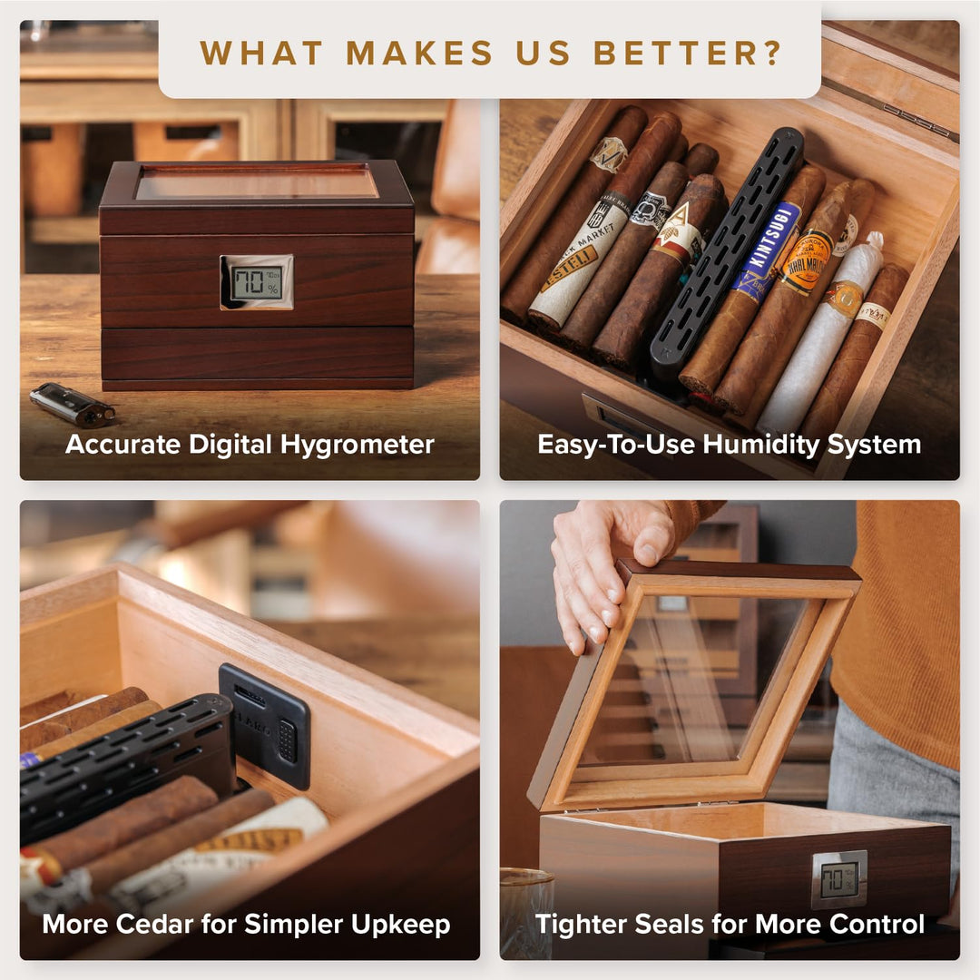 Glass Top Humidor with Thick Cedar, Easy humidification System, Accurate Digital Hygrometer - Renzo, Brown