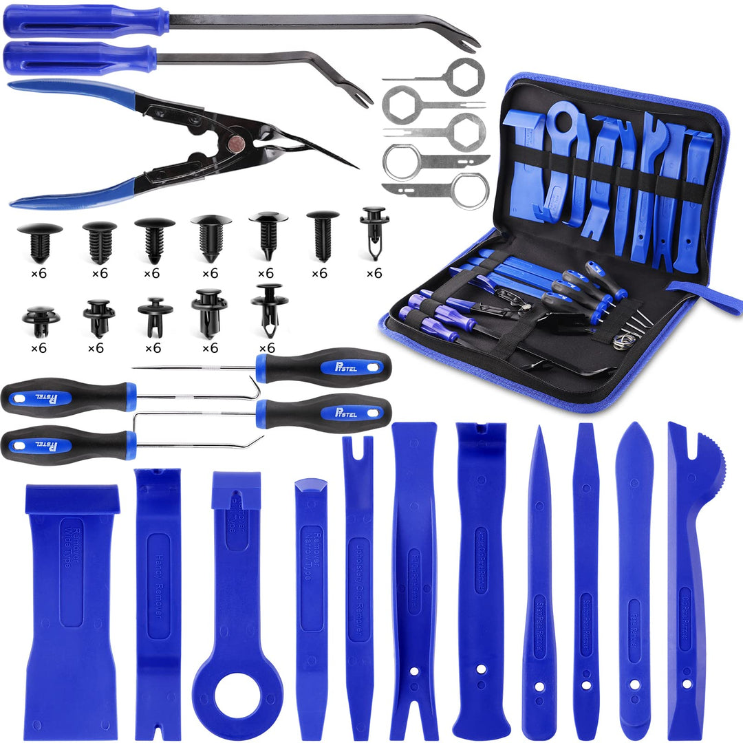 95Pcs Trim Removal Tool Car Panel Door Audio Trim Removal Kit Multiple Auto Clip Pliers Fastener Remover Set Pry Puller Crowbar Car Upholstery Terminal/Stereo Repair Blue with Storage Bag
