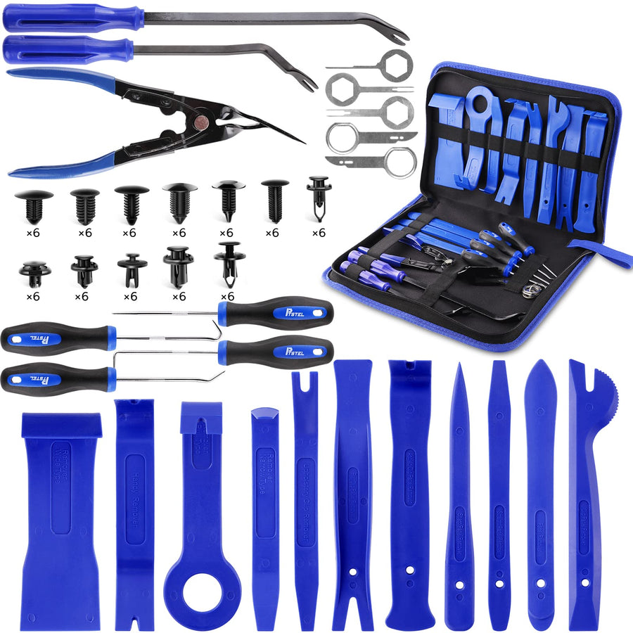 95Pcs Trim Removal Tool Car Panel Door Audio Trim Removal Kit Multiple Auto Clip Pliers Fastener Remover Set Pry Puller Crowbar Car Upholstery Terminal/Stereo Repair Blue with Storage Bag