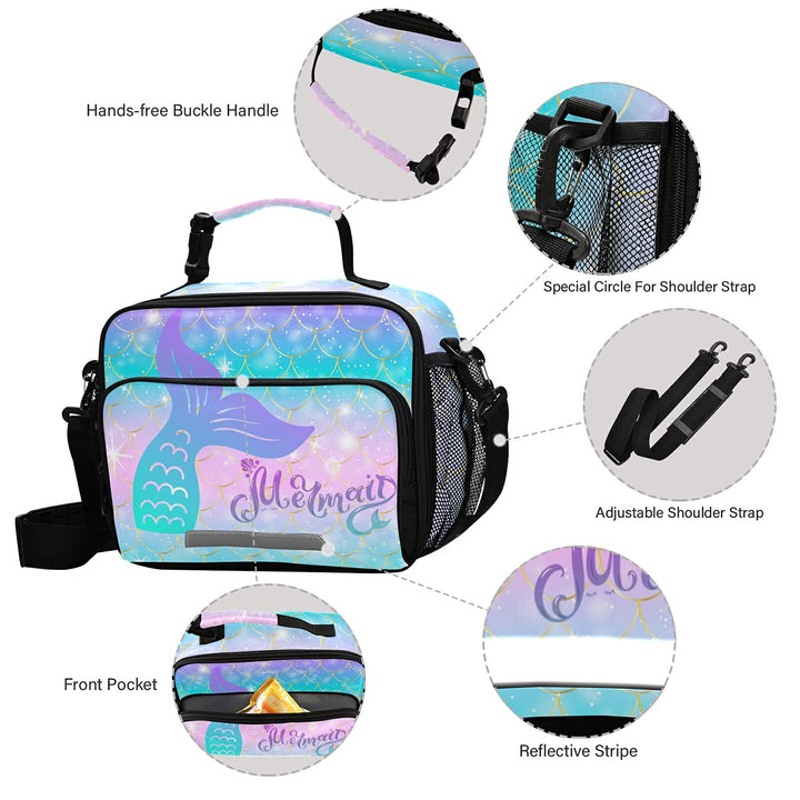 Mermaid Girls Lunch Box Insulated Lunchbox Kids Girl Lunch Bag Portable Reusable Lunch Cooler Bag with Strap