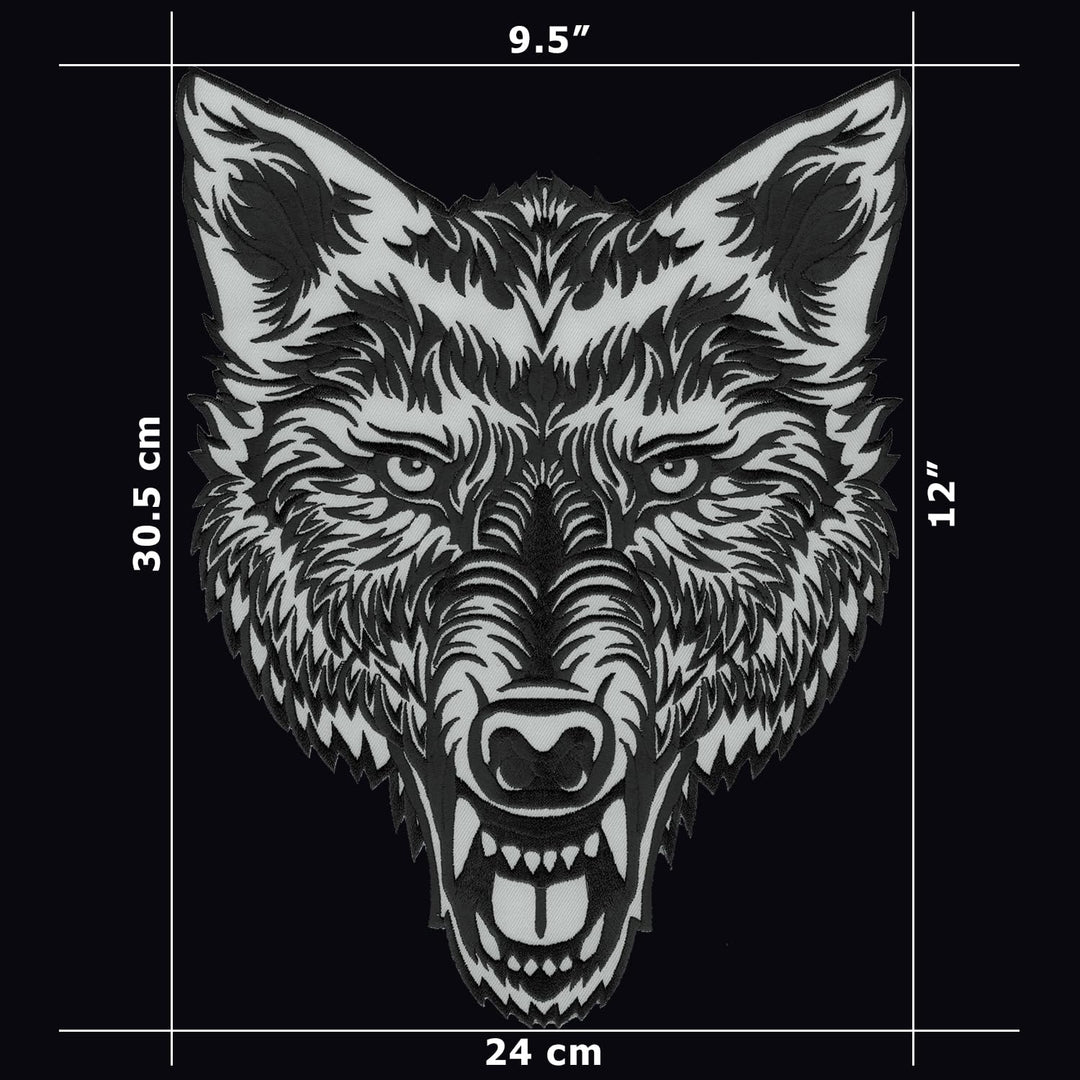 Big Lone Wolf Head Patch Light Reflective Embroidered Iron-On Patch for Jacket Vest Large Size 12 by 9.5 inches USA (Gray-Black)
