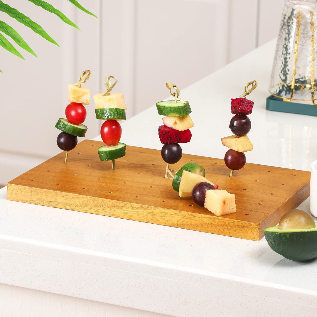 Wooden Food Skewer Holder Pick Stand Food Display Skewer Holder Catering Appetizer Fruit Skewer Stand Food Display Rectangular Board with Holes for Catering (Rectangle Style, 11.42 x 7.87 Inch)