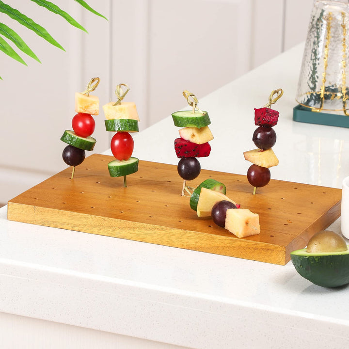 Wooden Food Skewer Holder Pick Stand Food Display Skewer Holder Catering Appetizer Fruit Skewer Stand Food Display Rectangular Board with Holes for Catering (Rectangle Style, 11.42 x 7.87 Inch)