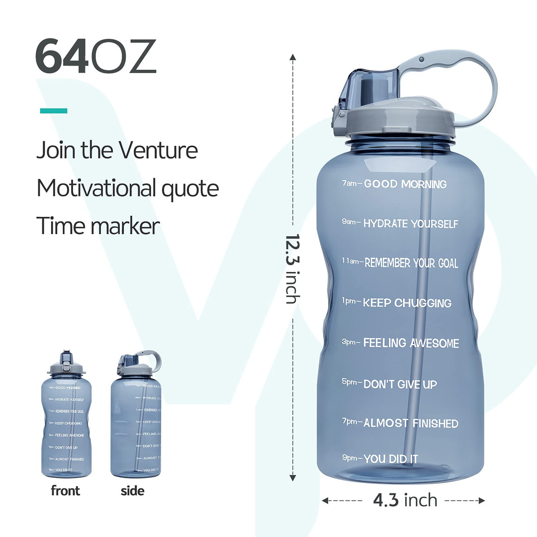 Large Half Gallon/64oz Motivational BPA Free Leakproof Water Bottle with Straw & Time Marker Perfect for Fitness Gym Camping Outdoor Sports