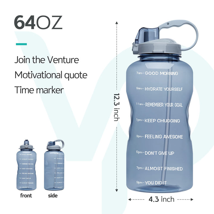 Large Half Gallon/64oz Motivational BPA Free Leakproof Water Bottle with Straw & Time Marker Perfect for Fitness Gym Camping Outdoor Sports