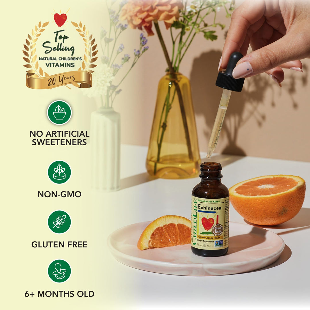 ChildLife Echinacea, Natural Orange Flavor - Organically Grown, Gluten Free, Alcohol Free, Casein Free, Non-GMO - 1 fl. oz Glass Bottle (Pack of 3)
