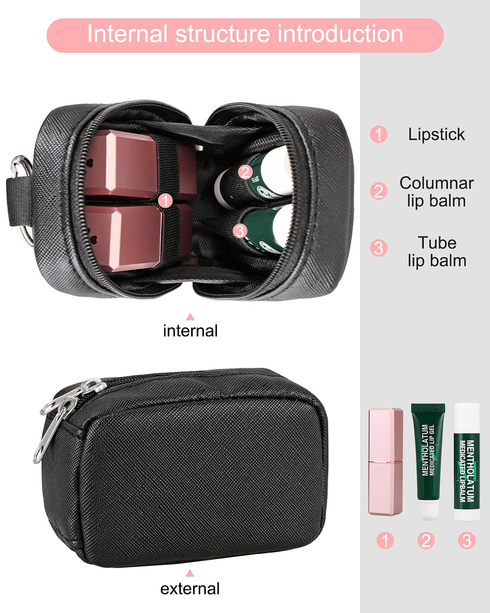 Chapstick Holder Bag Small Lip Balm Sleeve Pouch Lipstick Portable Storage Bag Lip Gloss Case With Hook Accessories Gift for Women (balck)