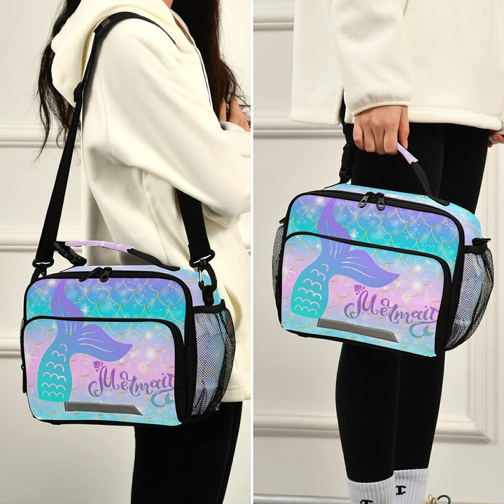 Mermaid Girls Lunch Box Insulated Lunchbox Kids Girl Lunch Bag Portable Reusable Lunch Cooler Bag with Strap