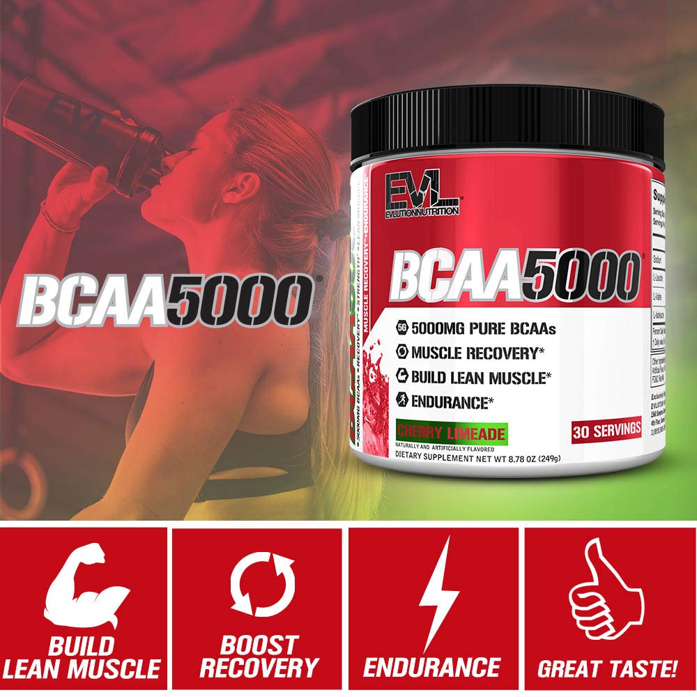 EVL BCAAs Amino Acids Powder - BCAA Powder Post Workout Recovery Drink and Stim Free Pre Workout Energy Drink Powder - 5g Branched Chain Amino Acids Supplement for Men - Cherry Limeade