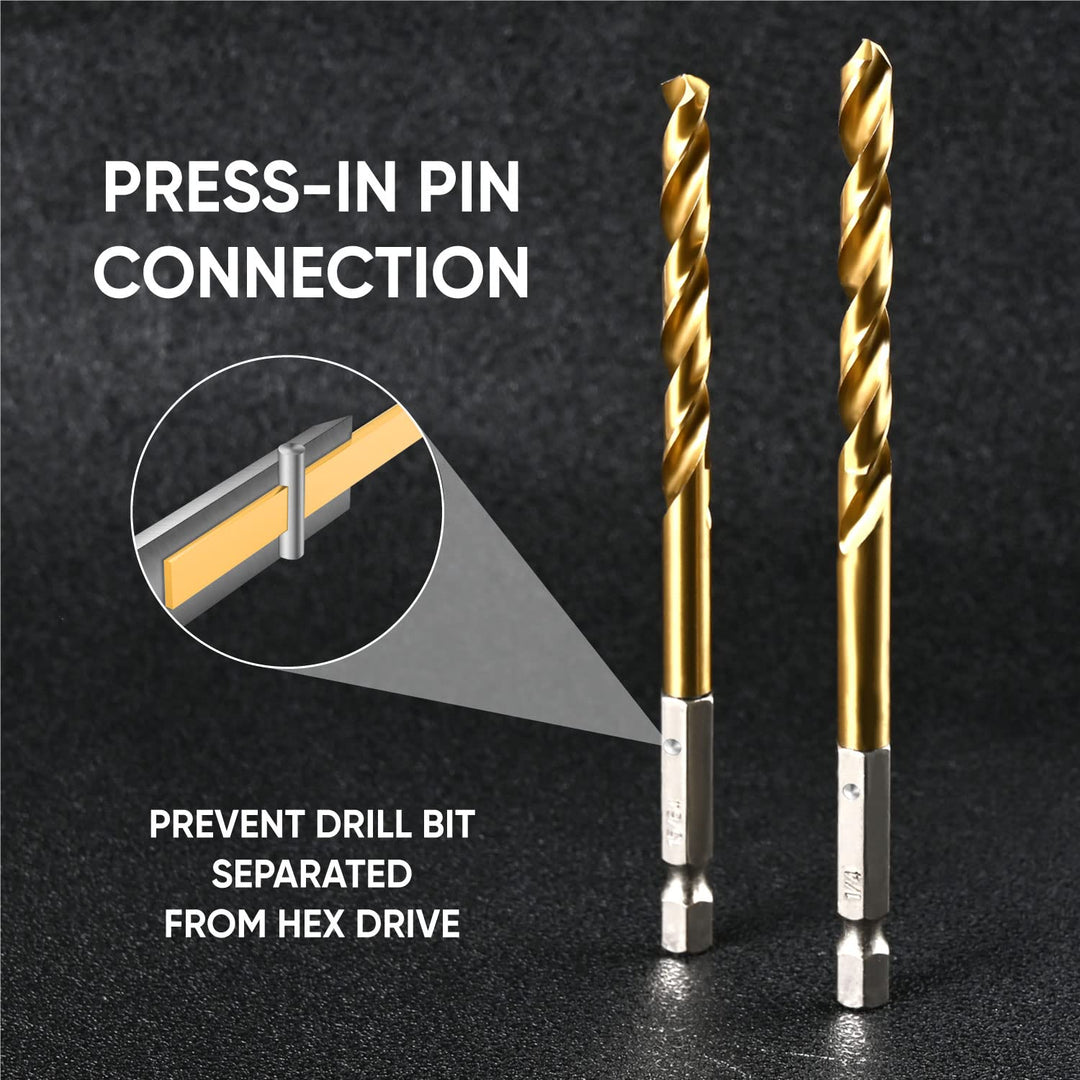 Hex Shank Drill Bit Set (13Pcs Set+3 Pcs Free), Premium 4341 HSS Titanium Impact Hex Drill Bits for Wood, Steel, Metal, Plastic, Quick Change Design (1/16 -1/4 )