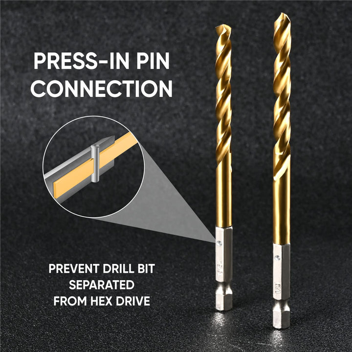Hex Shank Drill Bit Set (13Pcs Set+3 Pcs Free), Premium 4341 HSS Titanium Impact Hex Drill Bits for Wood, Steel, Metal, Plastic, Quick Change Design (1/16 -1/4 )
