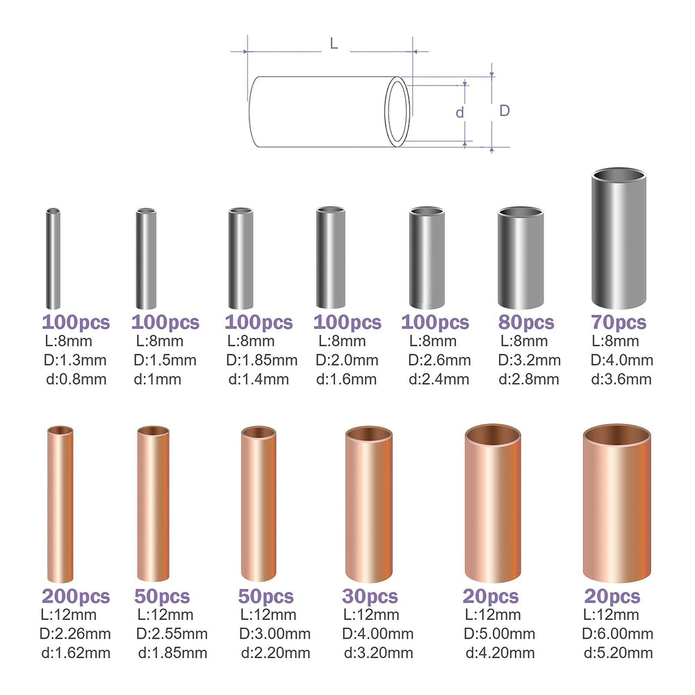 970Pcs Wire Ferrules Kit Tinned Copper Crimp Connector Non Insulated Electrical Cable Pin Cord End Terminal Assortment Kit with 48Pcs Heat Shrink Tubing