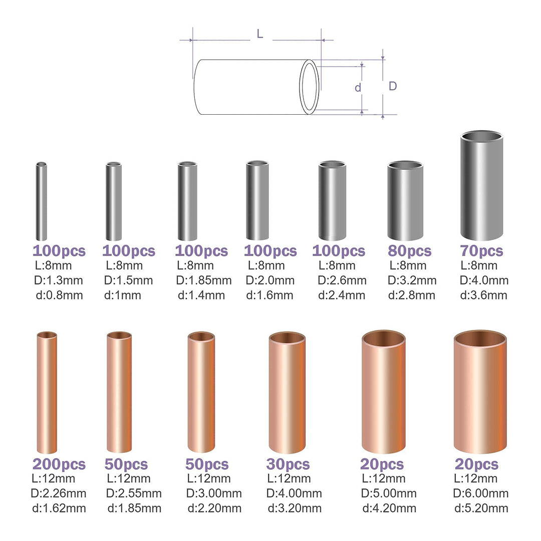 970Pcs Wire Ferrules Kit Tinned Copper Crimp Connector Non Insulated Electrical Cable Pin Cord End Terminal Assortment Kit with 48Pcs Heat Shrink Tubing