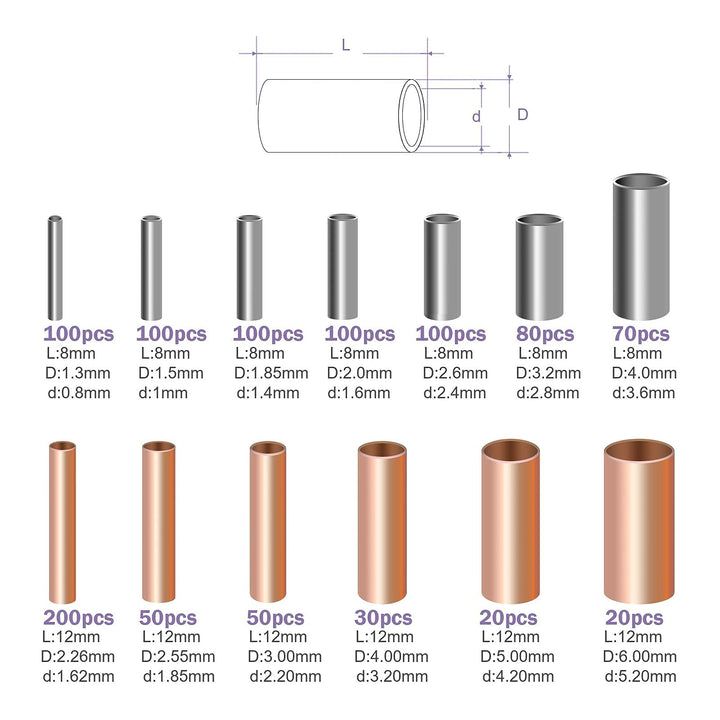970Pcs Wire Ferrules Kit Tinned Copper Crimp Connector Non Insulated Electrical Cable Pin Cord End Terminal Assortment Kit with 48Pcs Heat Shrink Tubing