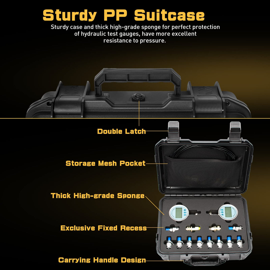 Hydraulic Pressure Test Kit for Excavator, Pressure Gauge Tester Coupling Set with 3 Gauges (3500PSI, 6000PSI, 9000PSI)
