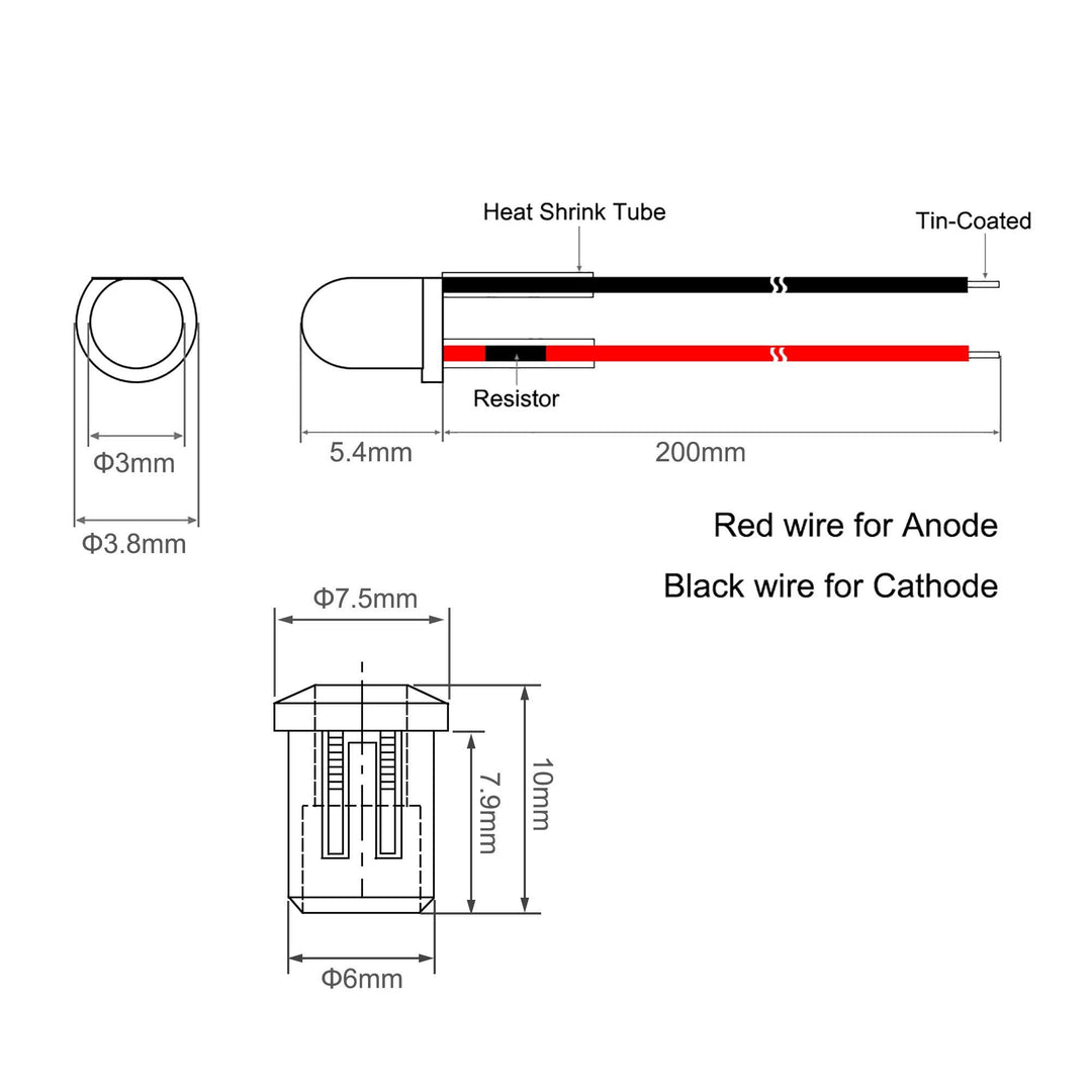 5Set DC 12V 3mm Pre Wired LED with Holder, Ice-Blue Light Round Top Clear Lens, 6mm Panel Mount