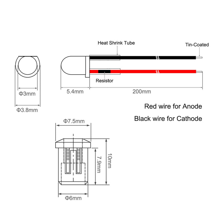 5Set DC 12V 3mm Pre Wired LED with Holder, Ice-Blue Light Round Top Clear Lens, 6mm Panel Mount