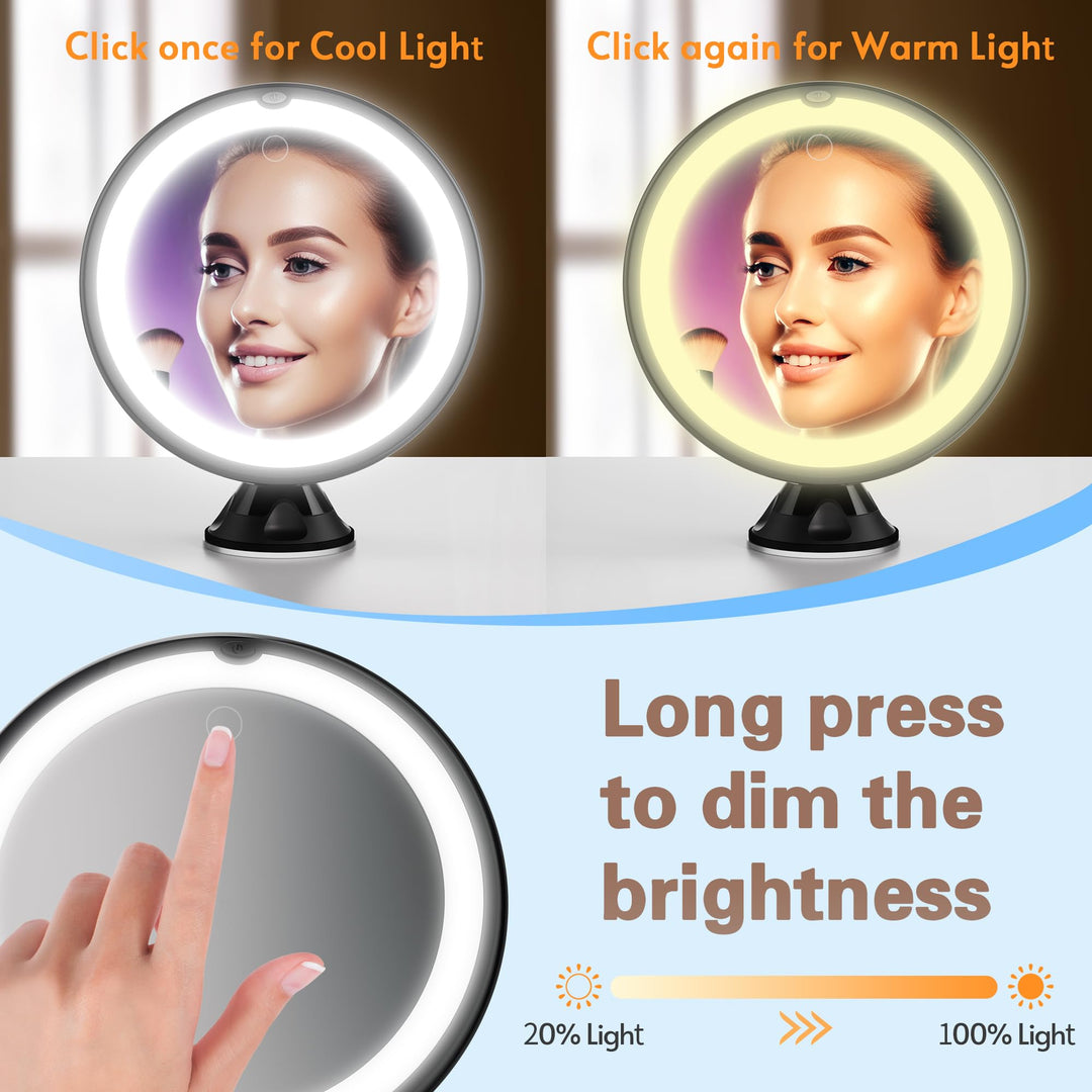 Upgraded 10x Magnifying Lighted Makeup Mirror with Touch Control, Powerful Locking Suction Cup, and 360 Degree Rotating Arm, Magnifying Mirror with Lights for Home, Bathroom Vanity and Travel