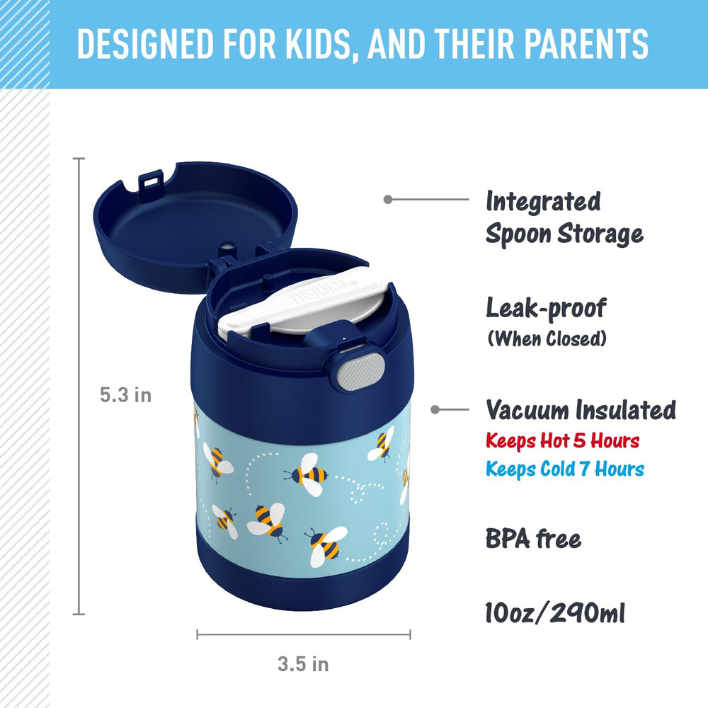 FUNTAINER 10 Ounce Stainless Steel Vacuum Insulated Kids Food Jar with Spoon, Honey Bees