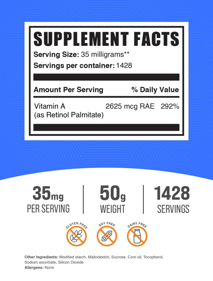 .com Vitamin A Palmitate Powder - as Retinol Palmitate, Vitamin A Supplement for Immune & Eye Support - Gluten Free, 35mg per Serving, 50g (1.8 oz) (Pack of 1)