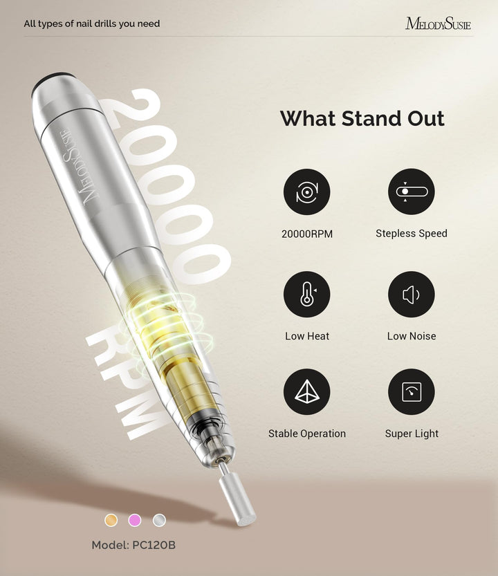 Portable Electric Nail Drill,PC120B Compact Efile Electrical Professional Nail File Kit for Acrylic, Gel Nails, Manicure Pedicure Polishing Shape Tools Design for Home Salon Use, Silver