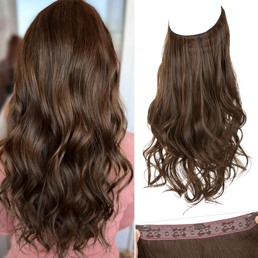 14 16 18 4.3oz Synthetic Wavy Halo Hair Extension Natural Hairpieces No Clip No Glue No Tape(18 wave,#2-30 Ginger Brown)