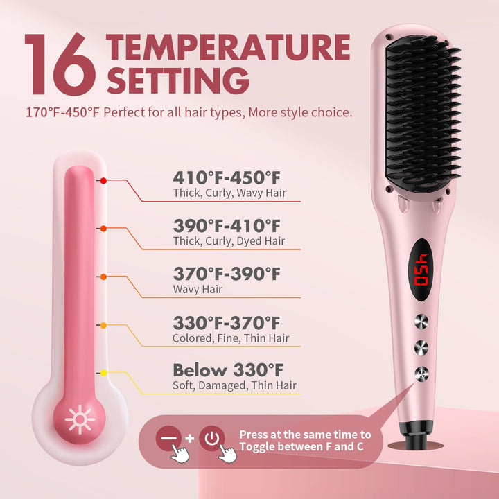 Enhanced Hair Straightener Heat Brush , 2-in-1 Ceramic Ionic Straightening Brush, Hot Comb with Anti-Scald Feature, Auto Temperature Lock & Auto-Off Function (Pink) 4 Piece Set